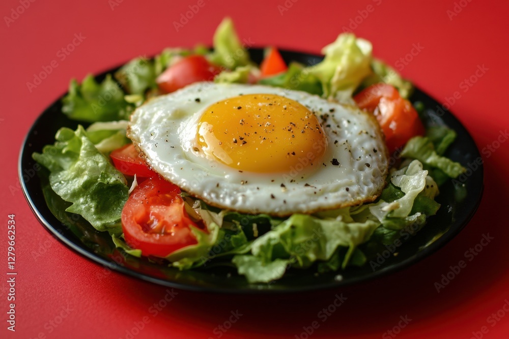 Sunny side up egg rests atop a fresh green salad Sunny side up egg rests atop a fresh green salad