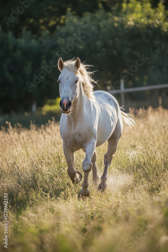 A majestic white horse galloping through an open meadow, its mane flowing in the wind. The dynamic movement and soft lighting capture the elegance and power of the animal in motion.
