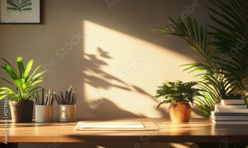 Calm minimalist workspace illuminated by soft daylight, highlighting a sleek wooden desk, potted greenery, and carefully arranged stationer