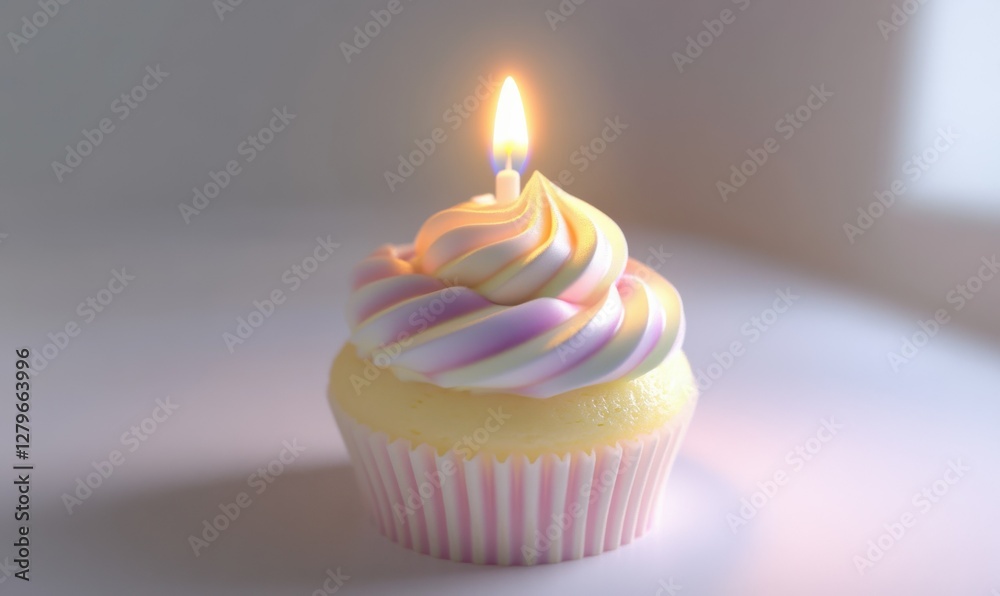 Elegant cupcake with swirls of pastel frosting topped with a single lit candle, placed on a clean white surface, soft warm light adding charm and simplicity, Elegant cupcake with swirls of pastel frosting topped with a single lit candle, placed on a clean white surface, soft warm light adding charm and simplicity,