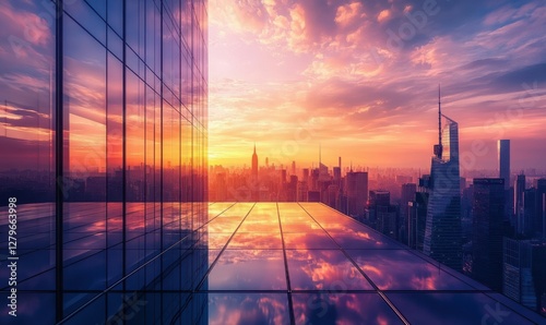 Dramatic city skyline reflected in a modern glass building at sunset, rich orange and purple hues blending beautifully into the horizon,
