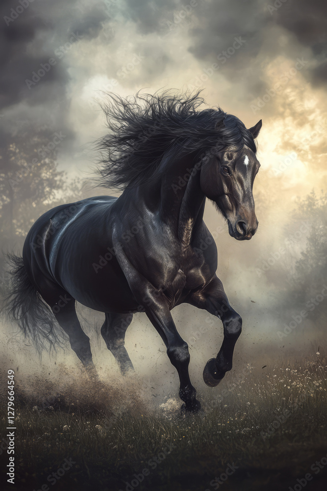 Obraz premium A powerful black stallion galloping through a misty field at dawn, its mane and tail flowing wildly in the wind. The dynamic energy of the movement, combined with the dramatic lighting, enhances the