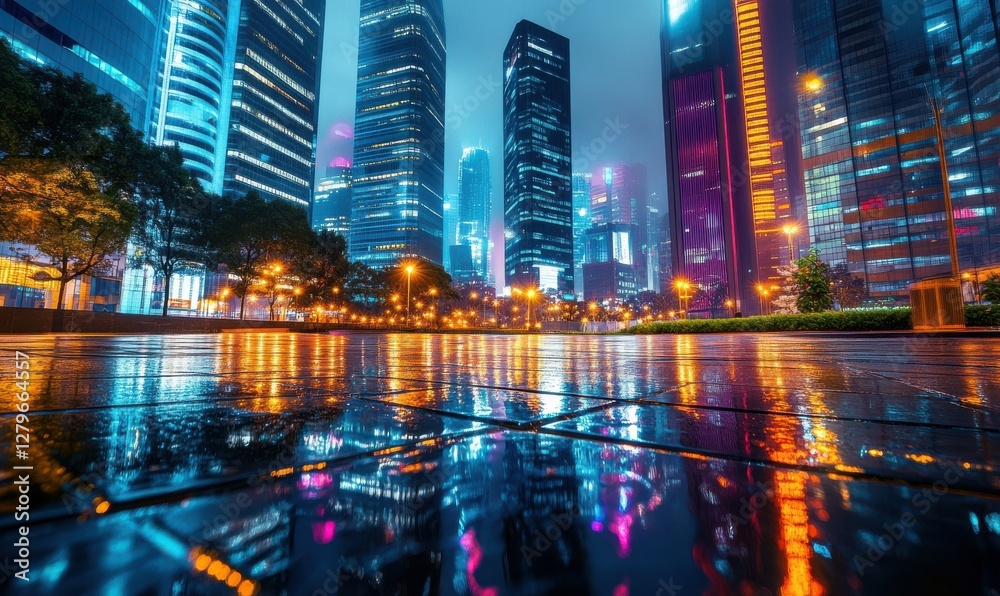 Obraz premium Dramatic night view of a modern city with tall illuminated skyscrapers, vibrant reflections on wet streets, soft ambient neon lights creating a futuristic atmosphere,