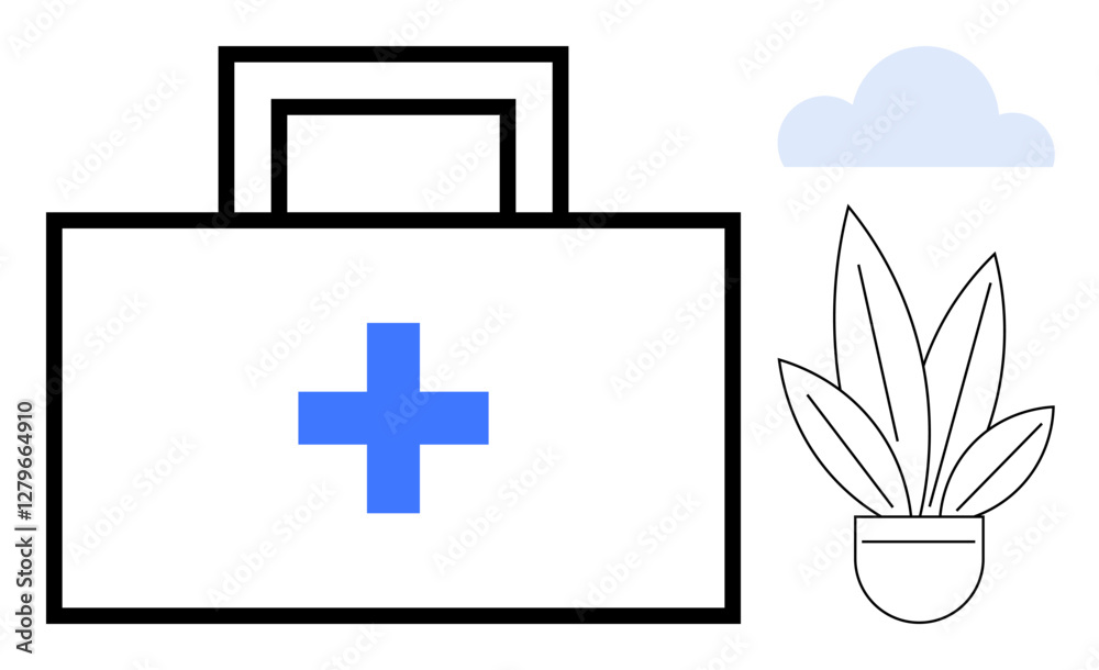 Obraz premium Medical kit with blue cross, potted plant with green leaves, and cloud icon. Ideal for health services, wellness, medical care, emergency aid, sustainability natural remedies lifestyle. Abstract