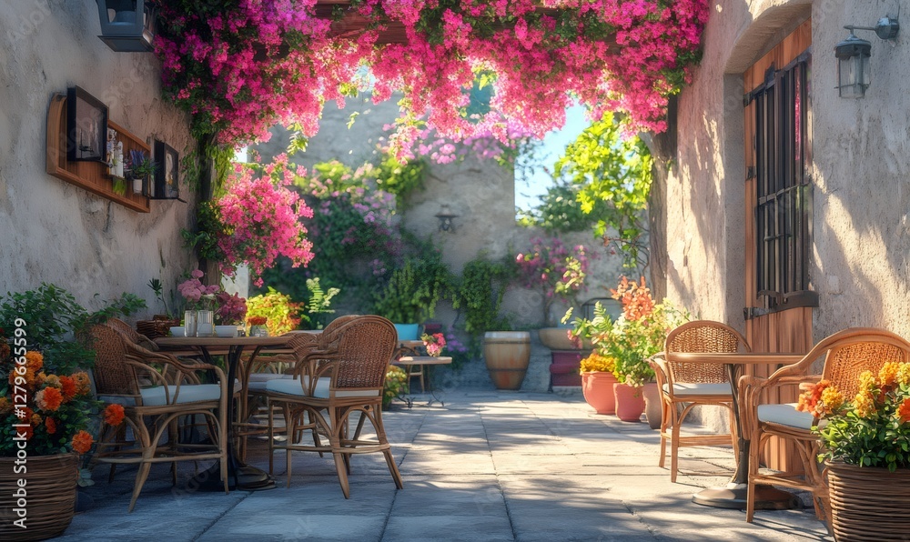 Fototapeta premium Wicker chairs and tables sit on a stone patio under a blooming bougainvillea in a charming italian courtyard cafe
