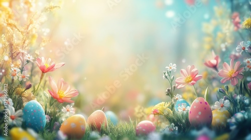 Easter celebration with colorful eggs and spring flowers in nature's glow