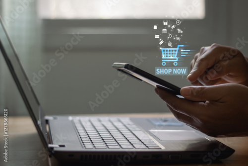 Ecommerce online shopping concept. Add to cart internet web store buy online ecommerce. Hand using smartphone and laptop computer with shopping, sale, retail, cart and business ecommerce. shop service