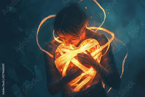 A symbolic and emotional illustration of a person tending to a wounded heart, wrapping it in glowing bandages, symbolizing the healing process of emotional wounds.