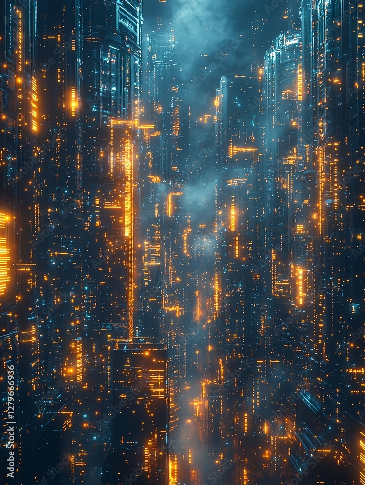 Fototapeta premium A digital cityscape with glowing interconnected cubes in a cyberpunk style, highlighted by cinematic lighting