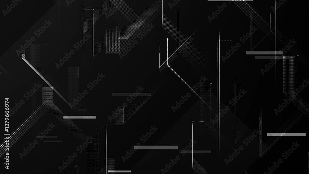 White lines on black background. Geometric minimalistic black background. Abstract techno background. Black tech background. Graphic pattern colorless dark looped. Black grid screen HUD. 60 fps, HD.