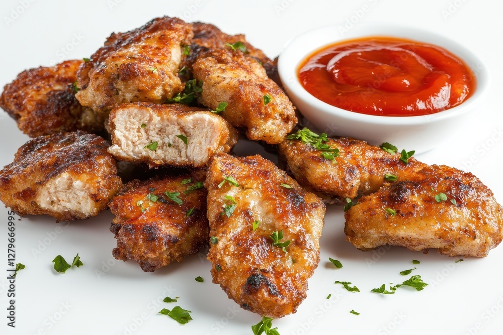 Crispy golden chicken bites served with bright red ketchup on a white backdrop Crispy golden chicken bites served with bright red ketchup on a white backdrop