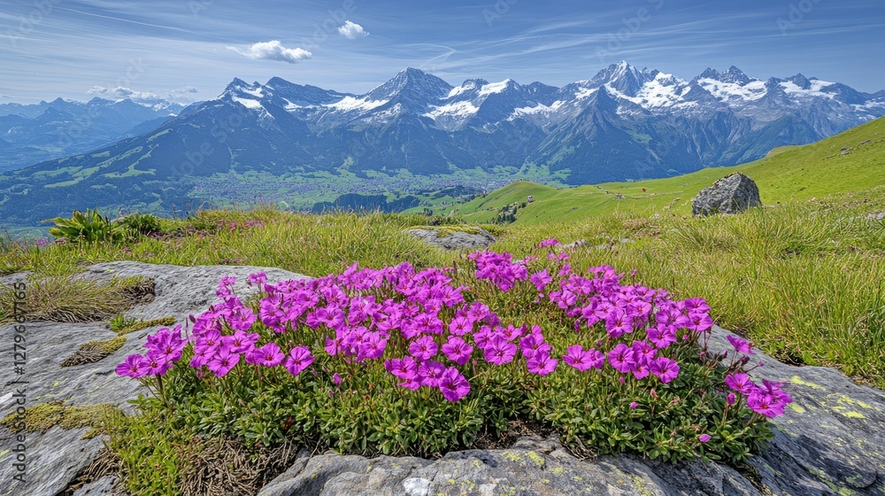 Fototapeta premium A breathtaking alpine landscape featuring clusters of Silene acaulis on a rocky slope with a backdrop of snow-capped Swiss mountains.