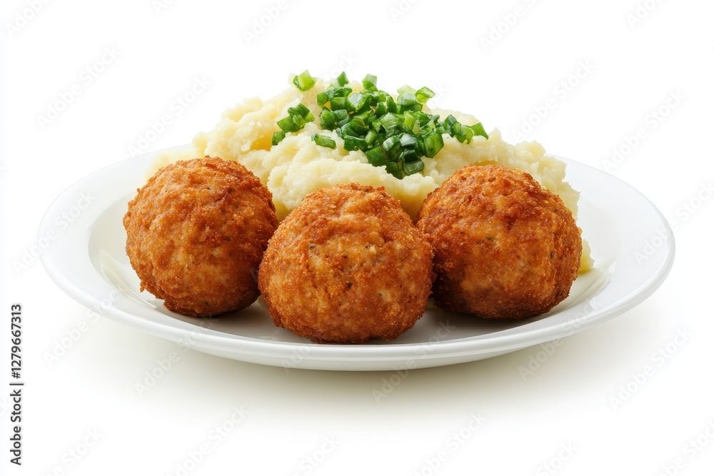 Czech cheese stuffed pork meatball breaded and served with mashed potatoes and pickles s Czech cheese stuffed pork meatball breaded and served with mashed potatoes and pickles s