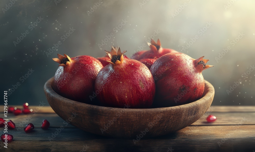 Fresh pomegranates in a rustic bowl on a wooden surface, vibrant red tones with rich textures and warm natural lighting creating an appetizing and healthy visual, Fresh pomegranates in a rustic bowl on a wooden surface, vibrant red tones with rich textures and warm natural lighting creating an appetizing and healthy visual,
