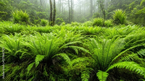 A close-up shot of lush green moss in a rainforest, with soft-focus light filtering through the dense canopy above
