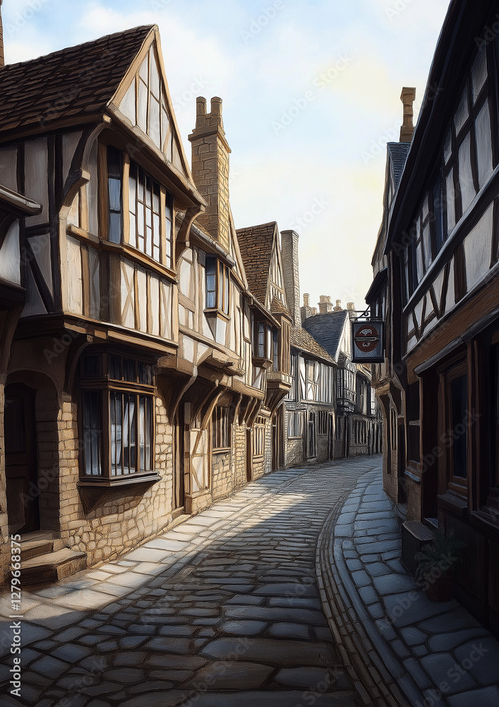 Fototapeta premium Historische Gasse mit Fachwerkhäusern in sanfter Morgenstimmung