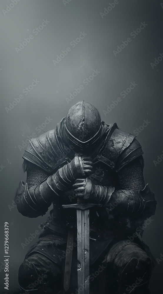 Fototapeta premium Dark medieval king in ornate black armor seated with a mighty sword 