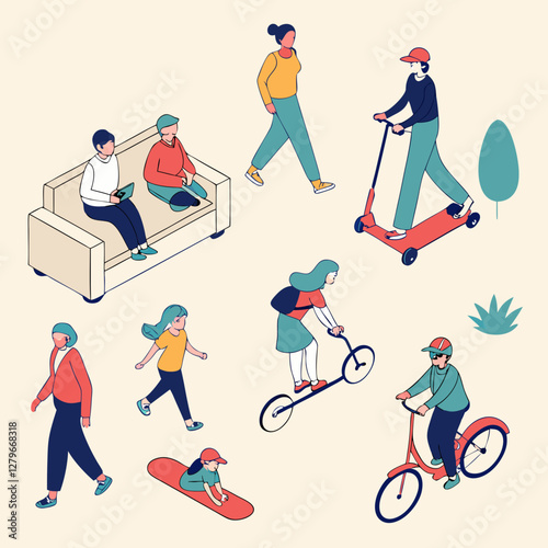 Top view of people of different genders and ages walking, standing, sitting on a couch, armchair, riding a scooter, bicycle, skateboard, motorcycle. View from above. Aerial. Colourful set of vector