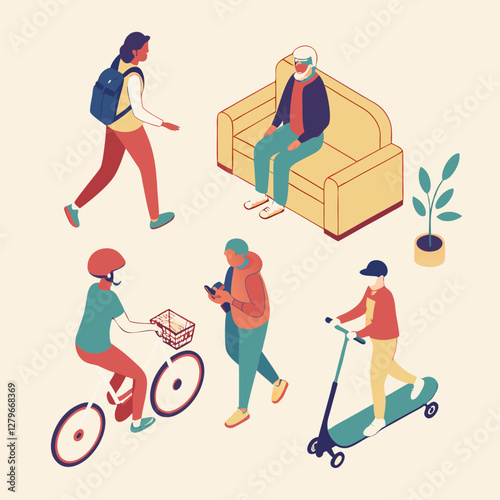 Top view of people of different genders and ages walking, standing, sitting on a couch, armchair, riding a scooter, bicycle, skateboard, motorcycle. View from above. Aerial. Colourful set of vector