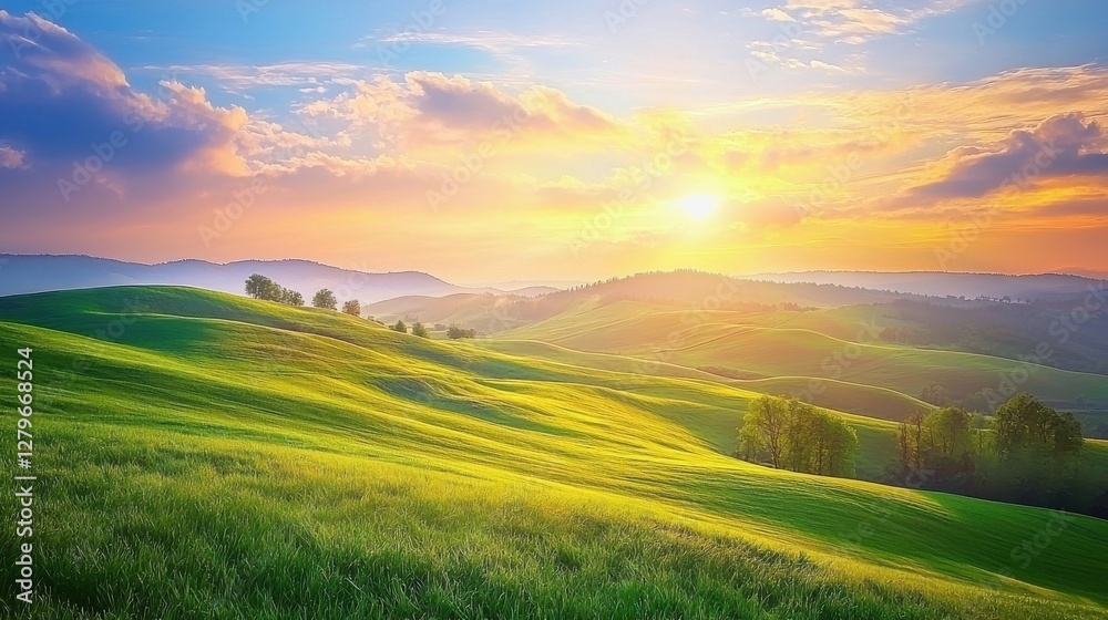 Obraz premium Vibrant sunset casts golden hues over rolling green hills in a serene landscape at dusk, capturing nature's tranquility and beauty