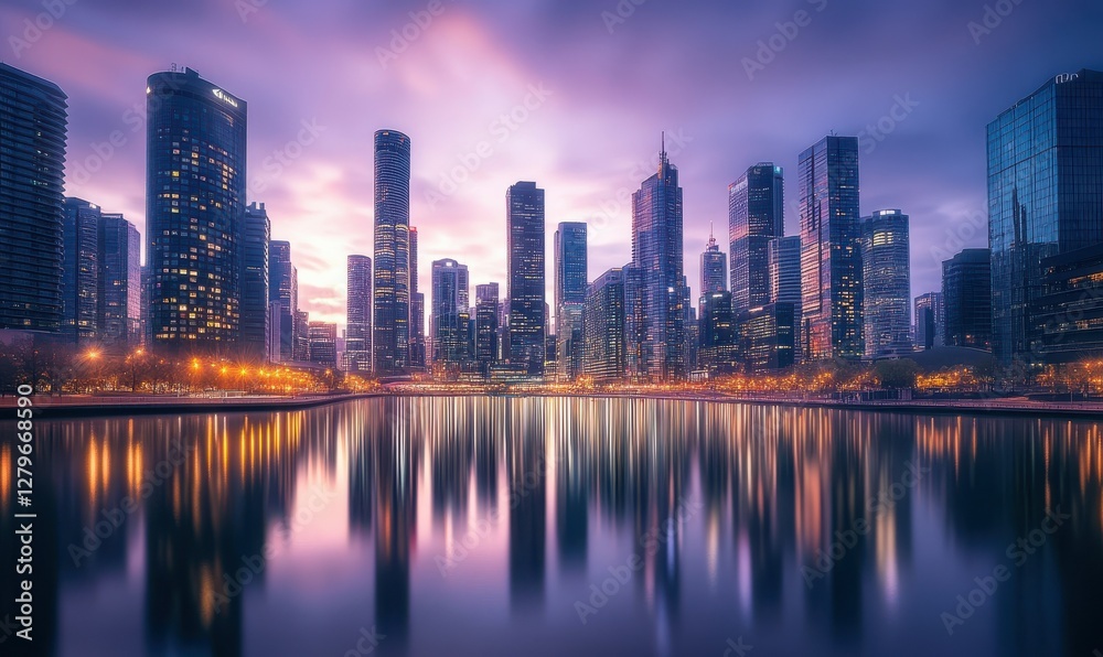 Futuristic city skyline at dusk with glowing skyscrapers, reflections shimmering on the nearby rive Futuristic city skyline at dusk with glowing skyscrapers, reflections shimmering on the nearby rive