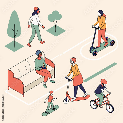 Top view of people of different genders and ages walking, standing, sitting on a couch, armchair, riding a scooter, bicycle, skateboard, motorcycle. View from above. Aerial. Colourful set of vector