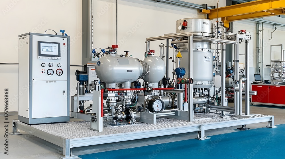 A detailed view of a high pressure hydraulic test bench set up in a laboratory environment A detailed view of a high pressure hydraulic test bench set up in a laboratory environment