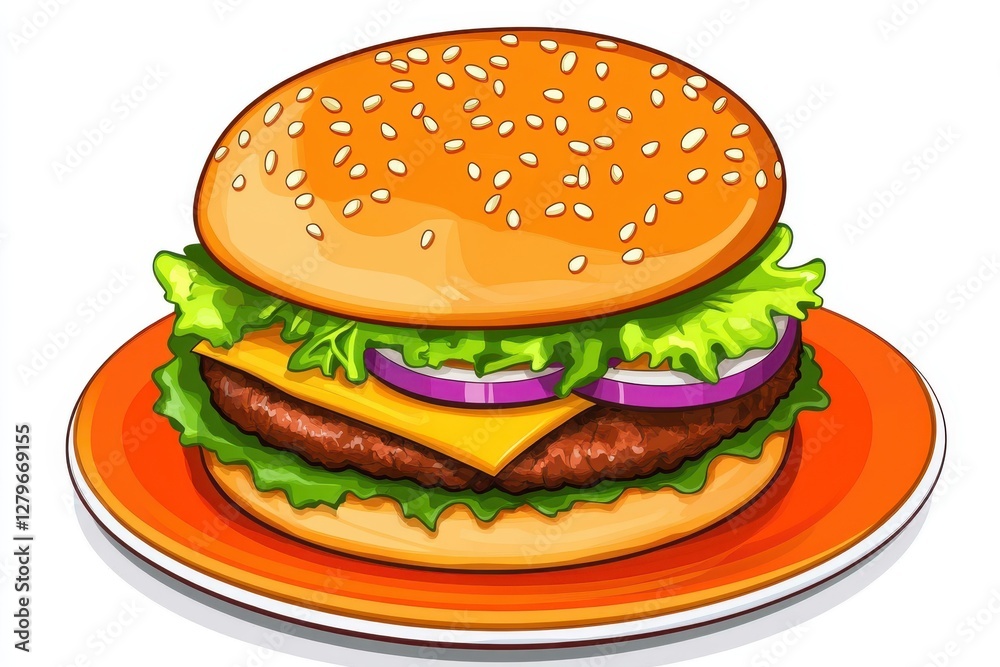 Dish featuring delicious burger on orange backdrop