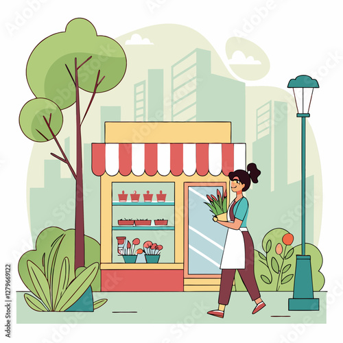 Female personage seller or owner of florist store in city. Vector isolated flower store with variety of potted plants for home and bouquets in vases for holiday gifts. Buying compositions