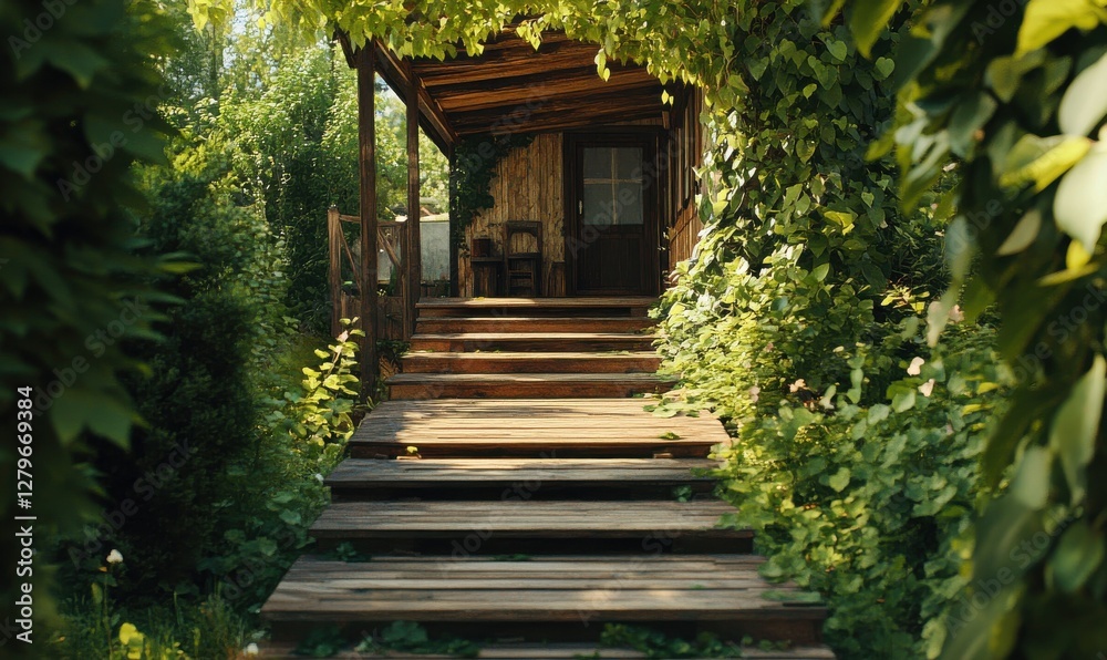 Rustic wooden staircase leading to a warm and inviting cottage, framed by lush greenery, evoking charm and simplicity. Rustic wooden staircase leading to a warm and inviting cottage, framed by lush greenery, evoking charm and simplicity.