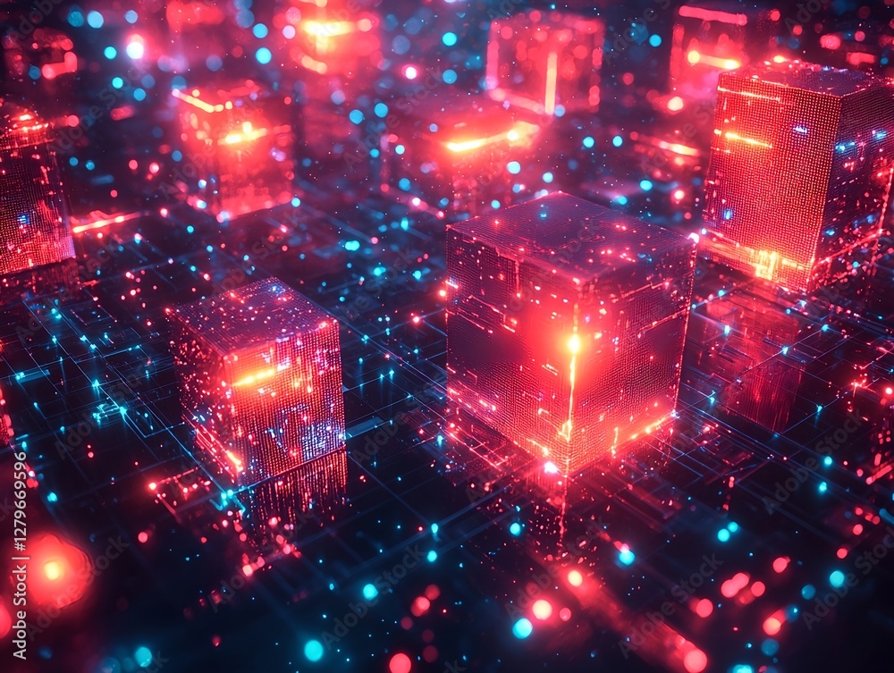 Obraz premium A digital cityscape with glowing interconnected cubes in a cyberpunk style, highlighted by cinematic lighting
