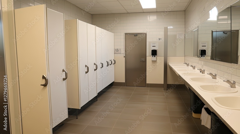 custom made wallpaper toronto digitalA perfectly maintained public washroom with white stall dividers, stainless steel doors, and a fresh ambiance.