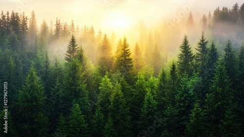 Sunrise in Misty Mountain Forest