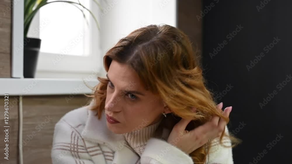 Caucasian woman is nervous and fiddling with her hair. Caucasian woman is nervous and fiddling with her hair.