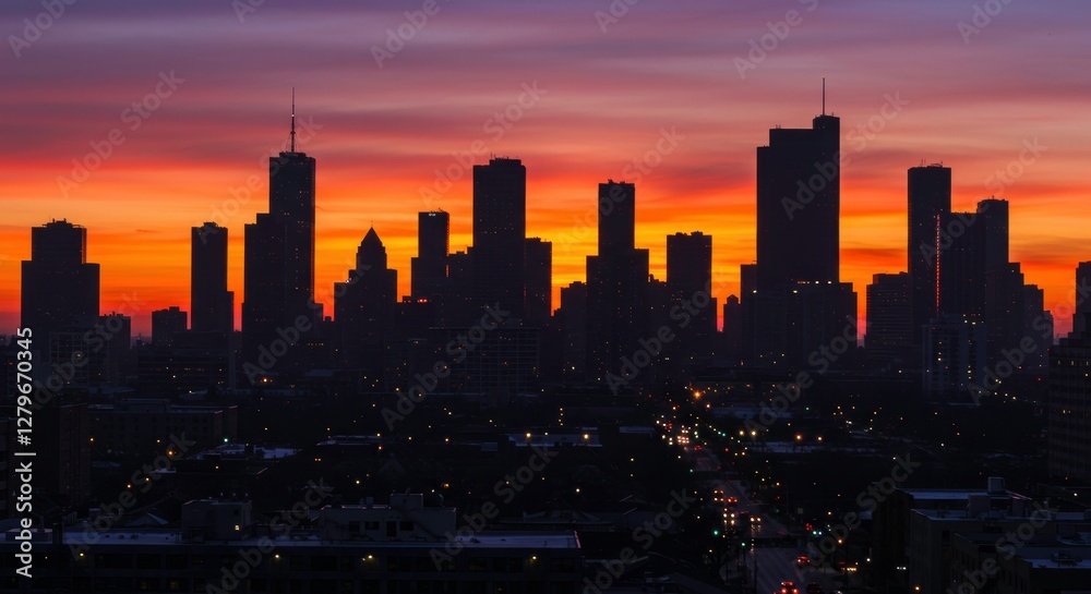 Fototapeta premium Cityscape Silhouette at Sunset: A dramatic skyline silhouette of a modern city is set against a vibrant, fiery sunset sky.