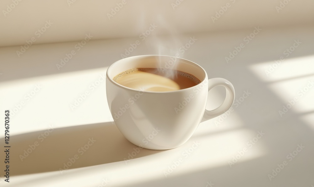 Modern white ceramic coffee cup filled with steaming espresso, soft shadows and warm morning light, minimal cafe vibe, comforting mood Modern white ceramic coffee cup filled with steaming espresso, soft shadows and warm morning light, minimal cafe vibe, comforting mood
