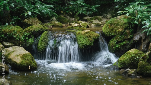 A small waterfall cascading over moss-covered rocks, hidden deep within Monserrate Park.