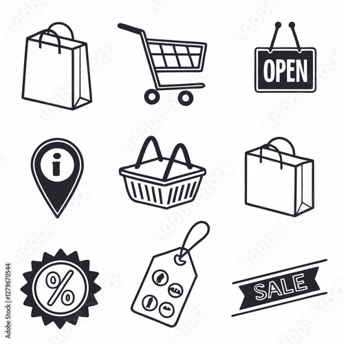 Shop or store line icon set. Containing bag and shopping cart, basket, map pin location, discount, open and close sign, sale, price tag, grocery, market, promotion, supermarket. Vector illustration
