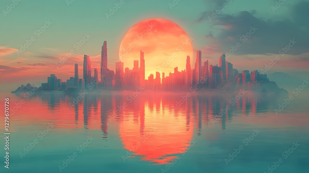 Fototapeta premium Majestic Coastal City Silhouetted at Sunset with Warm Hues Reflected on Tranquil Bay