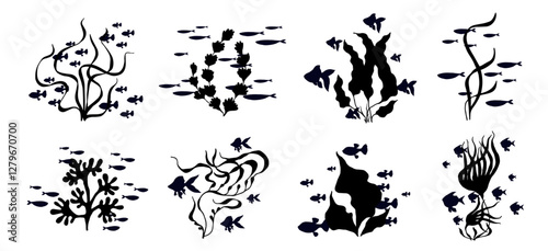 A collection of silhouettes of schools of small fish in seaweed. Vector graphics.