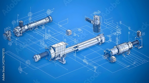 Detailed and blueprint style technical drawing of a pneumatic circuit used in industrial automation systems  The image showcases the intricate components valves pipes
