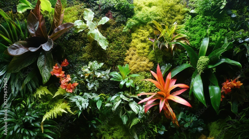 A stunning living wall design featuring fresh moss and tropical plants, creating a natural and eco-friendly indoor space A stunning living wall design featuring fresh moss and tropical plants, creating a natural and eco-friendly indoor space