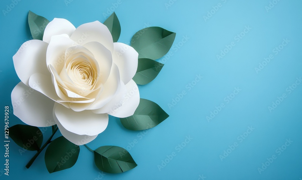 Fototapeta premium White Paper Rose with Green Leaves on Blue Background