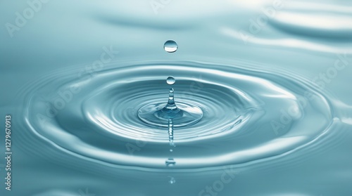 Fototapeta Naklejka Na Ścianę i Meble -  A single water droplet falls onto a still surface, creating mesmerizing ripples that radiate outward in perfect symmetry. A timeless capture of fluid motion