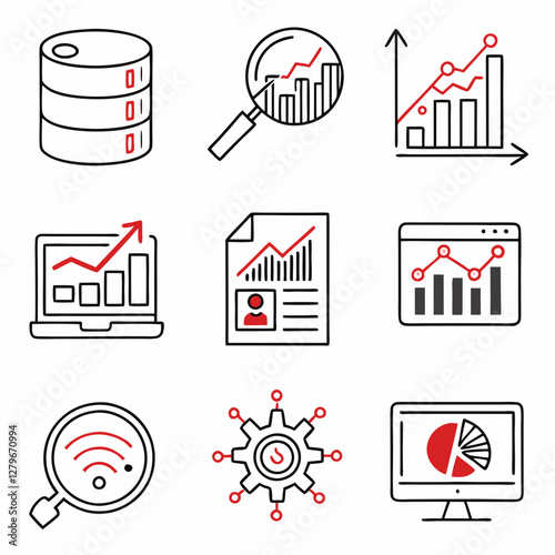 Data analytics flat icon set. Containing database, statistics, monitoring, computing, technology, research, management, chart up and down, report, diagram, graph, information. Vector illustration