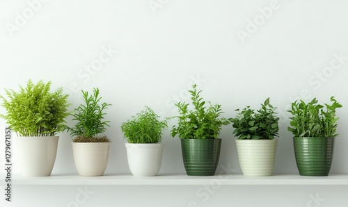 Wallpaper Mural Green potted plants and herbs arranged neatly on a minimalist shelf, symbolizing modernity and natural freshness. Torontodigital.ca