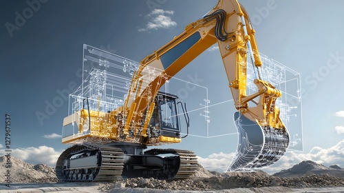 Detailed view of a construction excavator with transparent overlays exposing the complex hydraulic circuits and inner workings of this heavy machinery used for earthmoving demolition