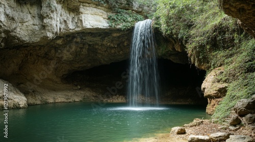 Waterfall cascading into a pool within a cave.  Possible use Nature photography, travel brochure photo