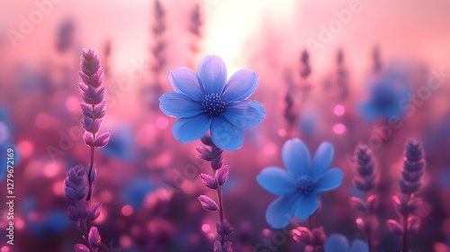 Captivating Holographic Garden of Electric Blue and Purple Flowers Enveloped in Soft Pink Haze
