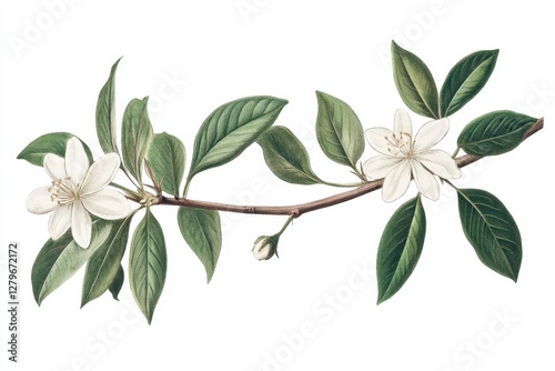 Flowering plant on a green leaved branch against a white backdrop